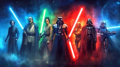 Galactic legends ignite neon storms across a divided cosmos