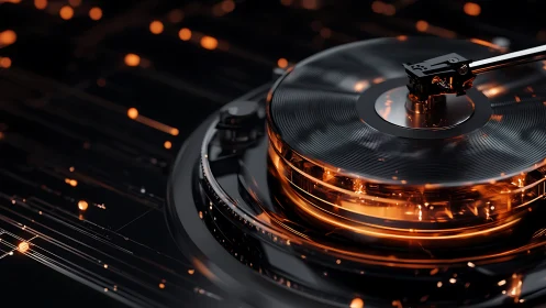 Futuristic turntable renders audio data as glowing circuit disk