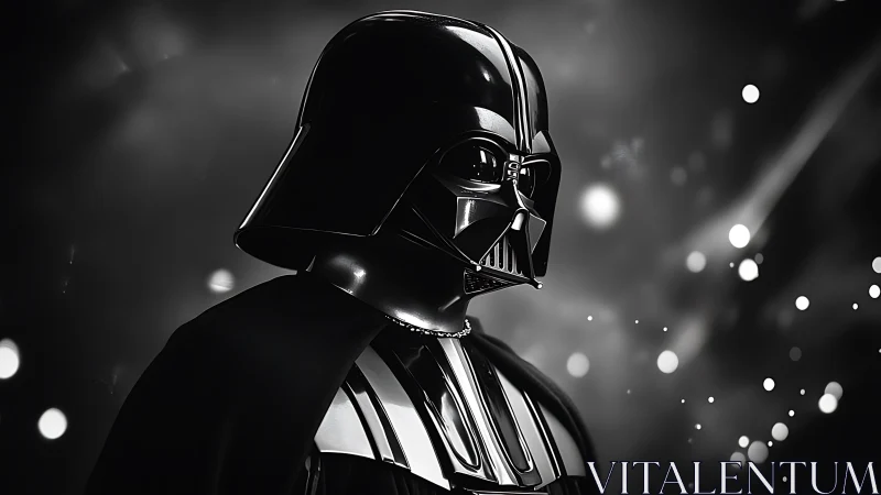 Dark armored figure stands in profile amid diffused light