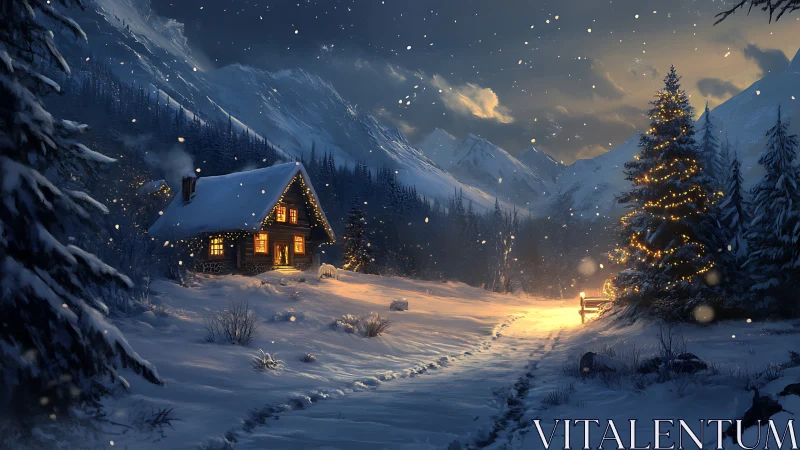 Snow-covered cabin at dusk rendered in luminous digital realism