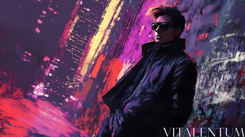 Neon city loner in dark jacket under electric night glow.