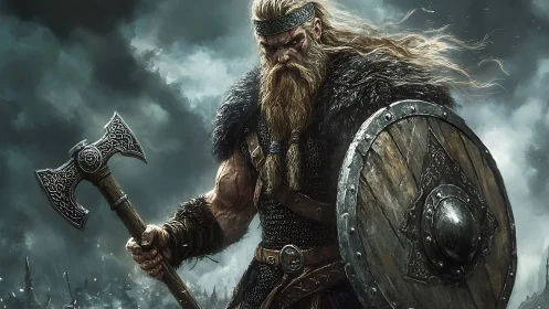 Battle-hardened Viking warrior advances under storm clouds