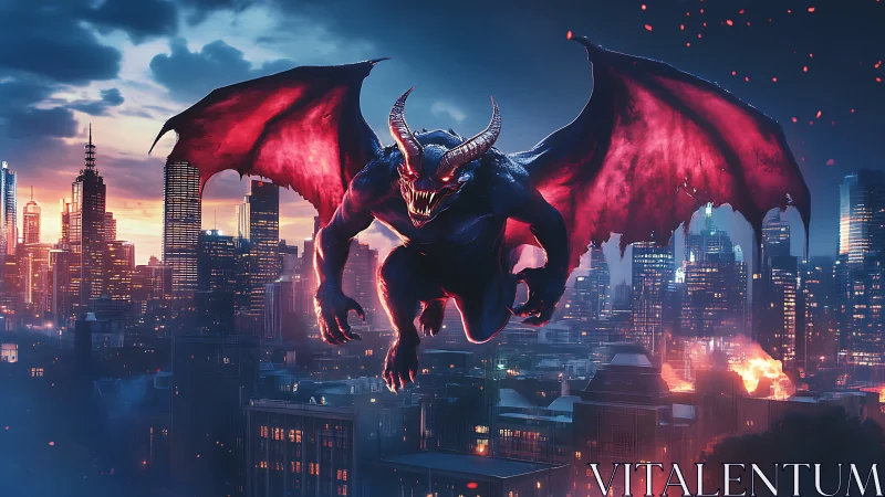 Winged demon storms burning futuristic city at twilight