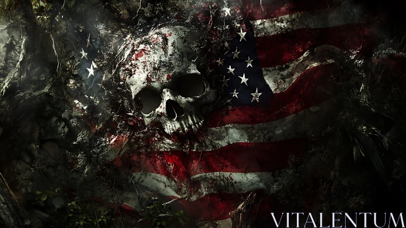 Weathered skull merges with torn American flag in decay
