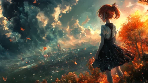 Girl on hillside above illuminated city at dusk.