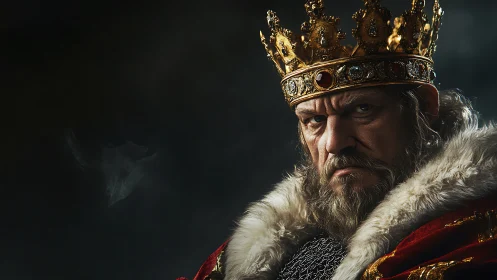 Stern medieval king in jeweled crown and fur cloak portrait.
