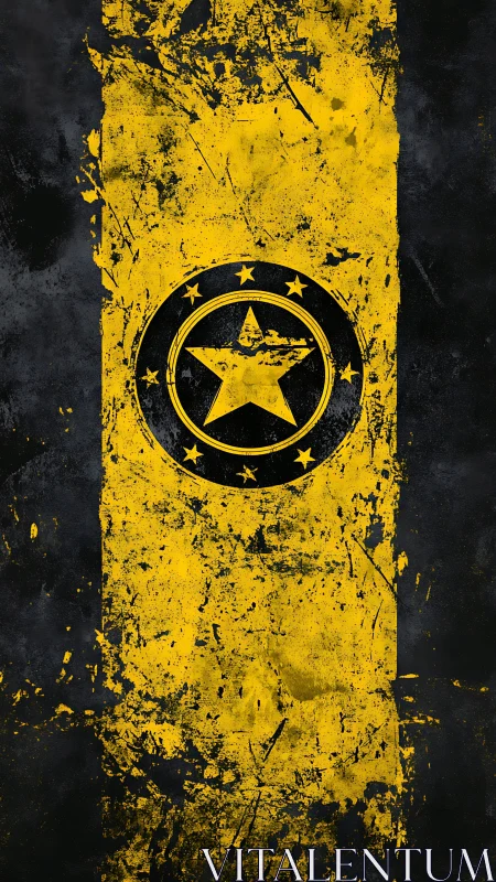 Grunge yellow banner with central star and circular emblem.