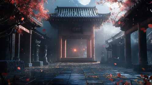 Misty temple walkway glowing with lantern light and autumn leaves.