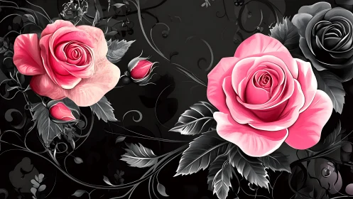 Hybrid Pink Roses with Grayscale Botanical Elements on Dark Background