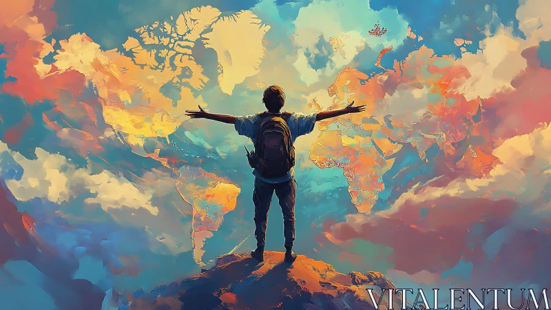 Backpack dreamer greeting a painted world sky-map horizon.