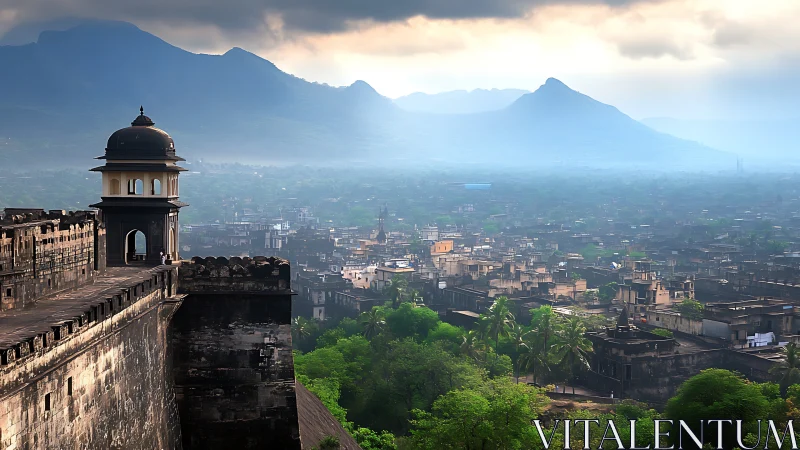 Fortified stone bastion overlooks hazy valley city and layered hills