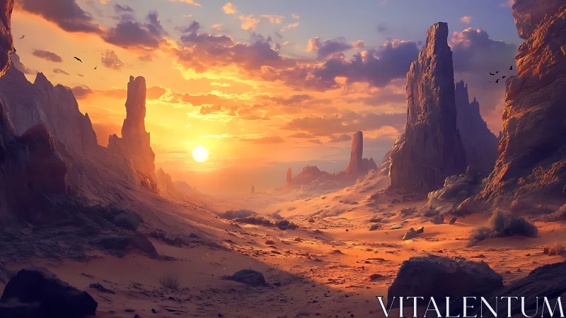 Rock formations in desert valley under low sunset sun.