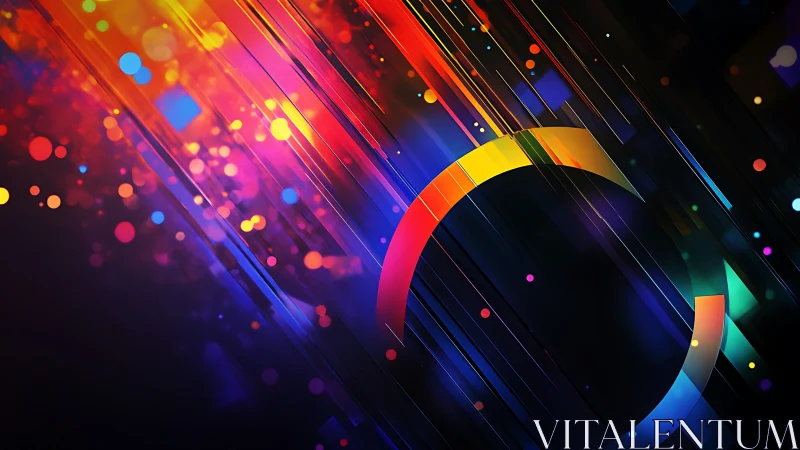 Curved rainbow band cuts through diagonal neon light streaks