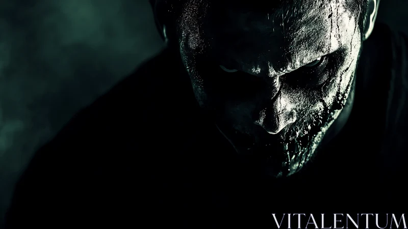 Midnight ghoul leans from darkness with cracked metallic glare