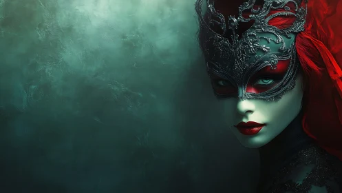 Midnight masquerade gaze in emerald mist and scarlet silk.
