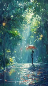 Girl with red umbrella in rainy forest path at dusk.