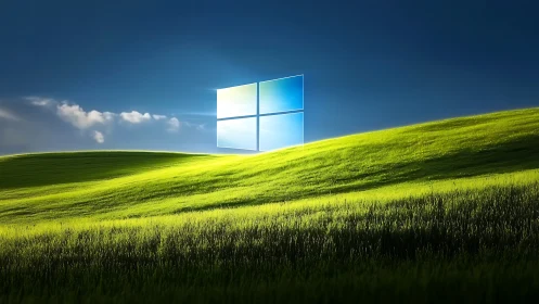 Windows logo over green hillside under deep blue sky.