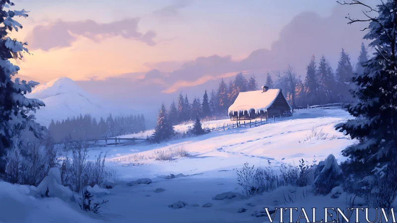 Snowy cabin glow beneath a soft pastel winter sunrise.