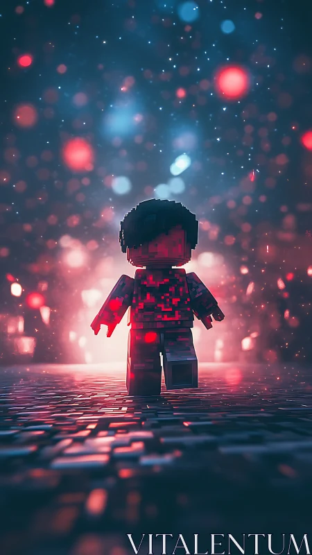Voxel figure on illuminated path amid bokeh particles.