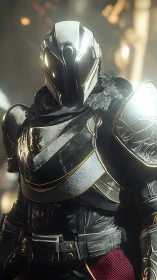 Armored sci fi knight stands ready in cinematic golden light
