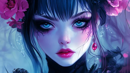 Blue-eyed gothic girl gazes forward under vivid pink flowers