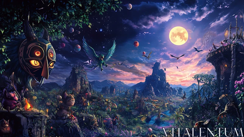 Lunar-illuminated fantasy valley with masked beast and flying owl