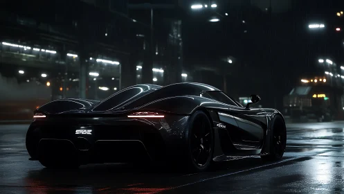 Sleek black supercar parked on wet city street at night.