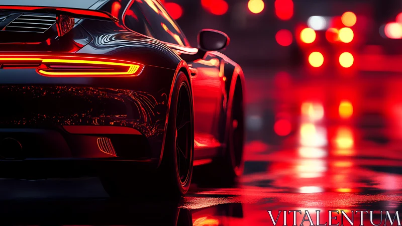 Rear supercar aerodynamics in neon urban rainfield focus.