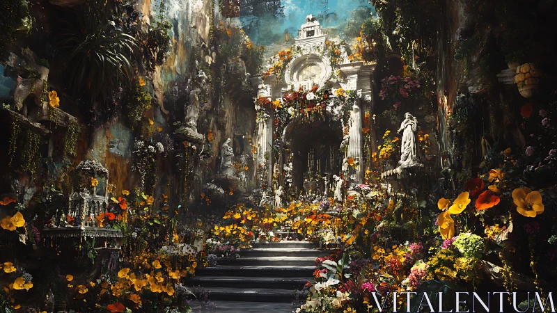 Baroque stone atrium entwined with luminous floral overgrowth.