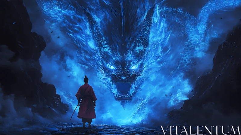Samurai figure facing large blue spectral dragon form.