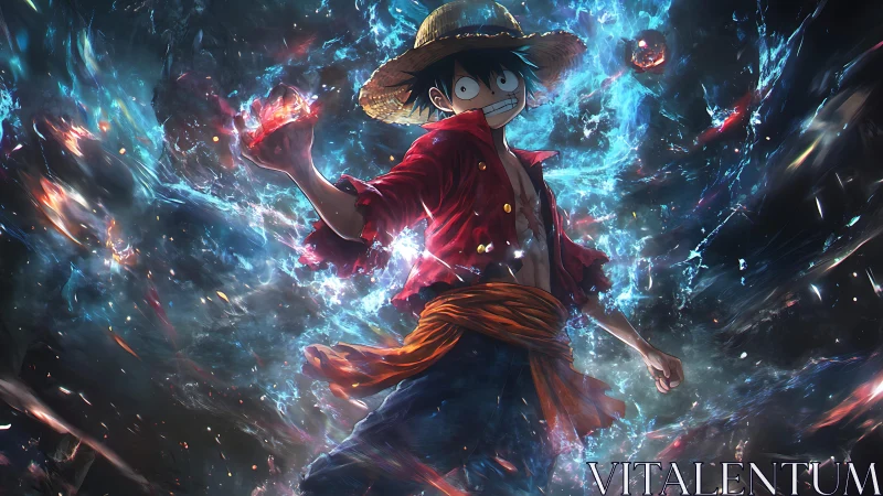 Straw hat anime figure amid blue and red energy field.