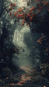 Misty forest pathway with orange flowering trees.