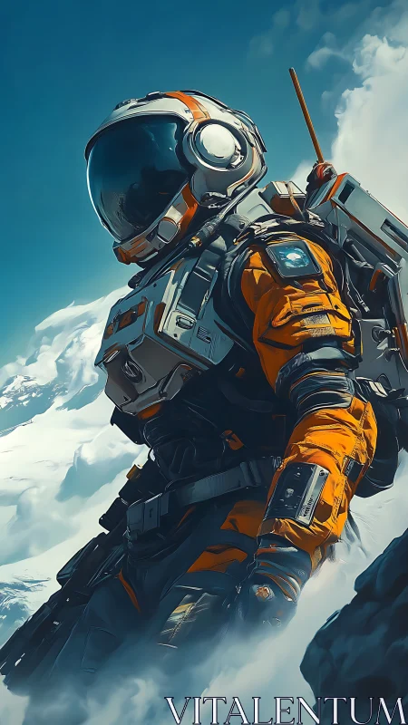 Astronaut in orange suit on snowy mountain ridge in clouds.