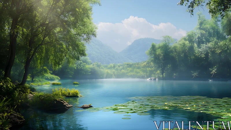 Tranquil forest lake reflects misty mountains in soft daylight