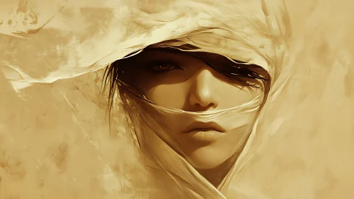 Veiled desert portrait of mysterious woman in sepia tones.