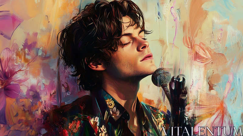 Dreamy young singer lost in colorful painted music.