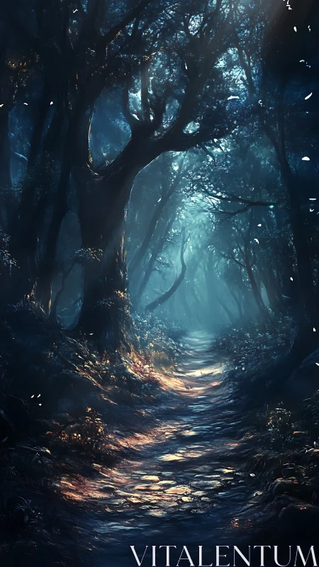 Forested pathway with atmospheric light diffusion.