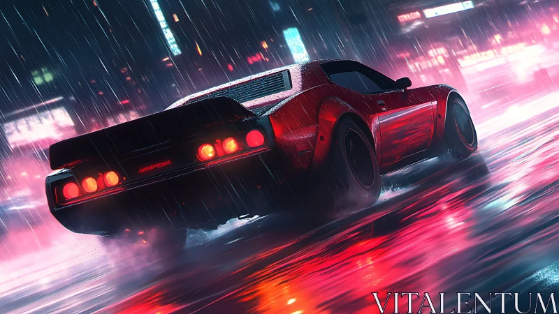 Neon red sports car powers through a rain soaked city street