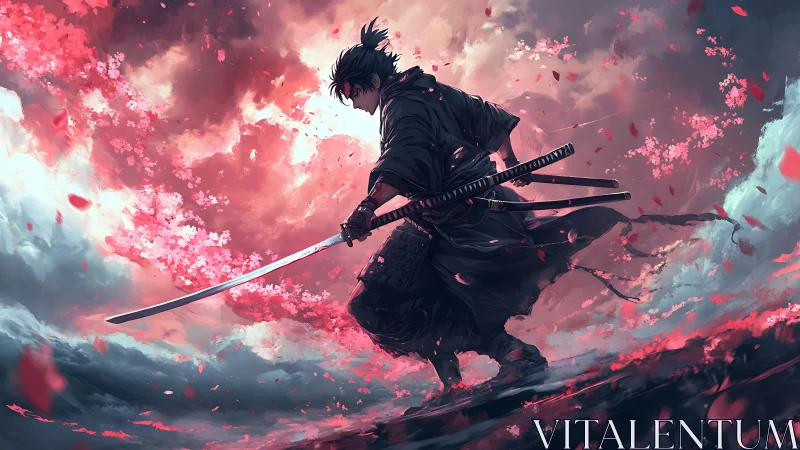 Lone samurai beneath stormy sakura sky in motion.