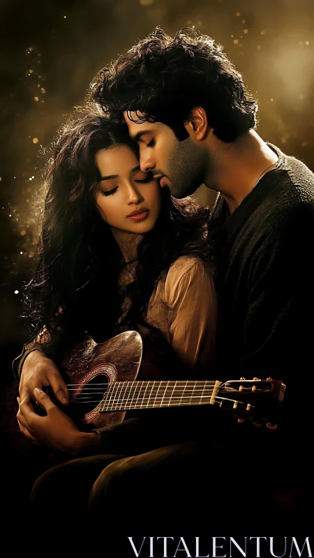Romantic moment: couple embracing with acoustic guitar in golden light.