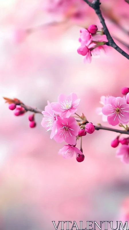 Pink Flowering Branches with Buds in Soft Focus.