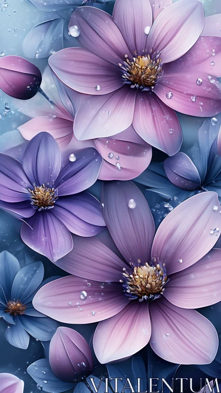 Purple and Blue Flowers with Dewdrops Create Serene, Dreamy Garden Scene
