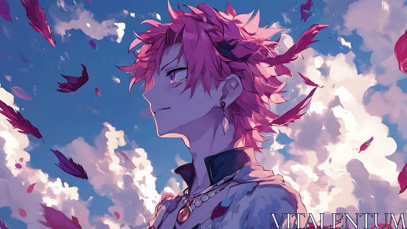 Pink‑haired horned anime figure under drifting feathers.