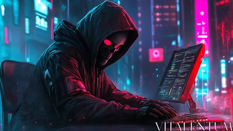 Cyberpunk skeletal hacker monitors neon code stream.