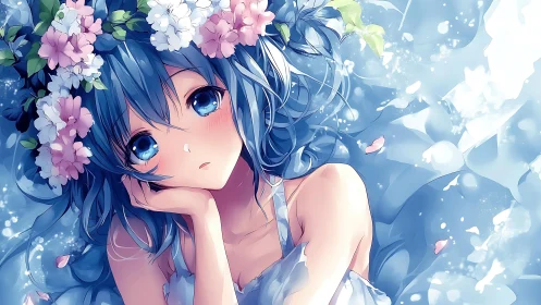 Blue haired anime girl lies among petals and floral crown