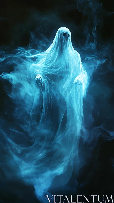 Translucent blue ghostly figure emerges from swirling smoke