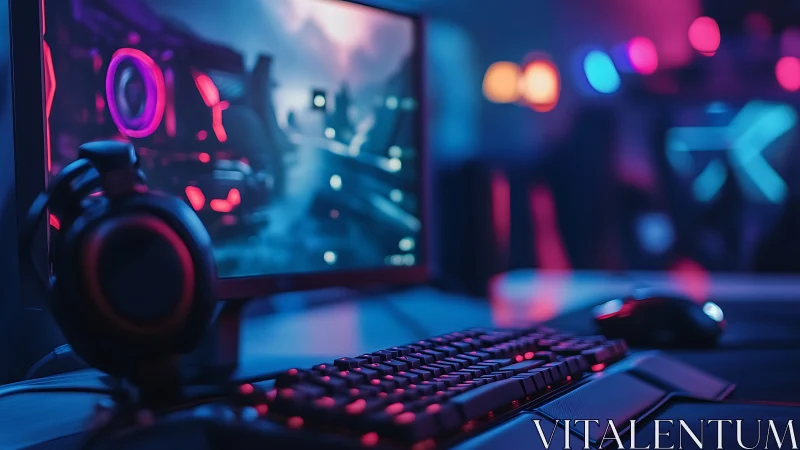 Neon-lit gaming battlestation hums in electric twilight glow.