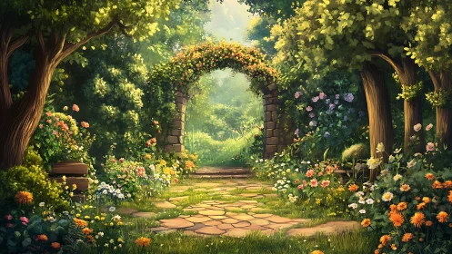 Sunlit garden archway quietly invites a gentle wandering