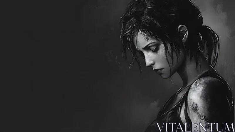 Brooding grayscale portrait of wounded woman in profile.