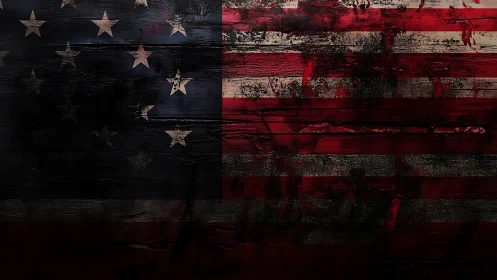 Distressed American flag painted on dark weathered wood